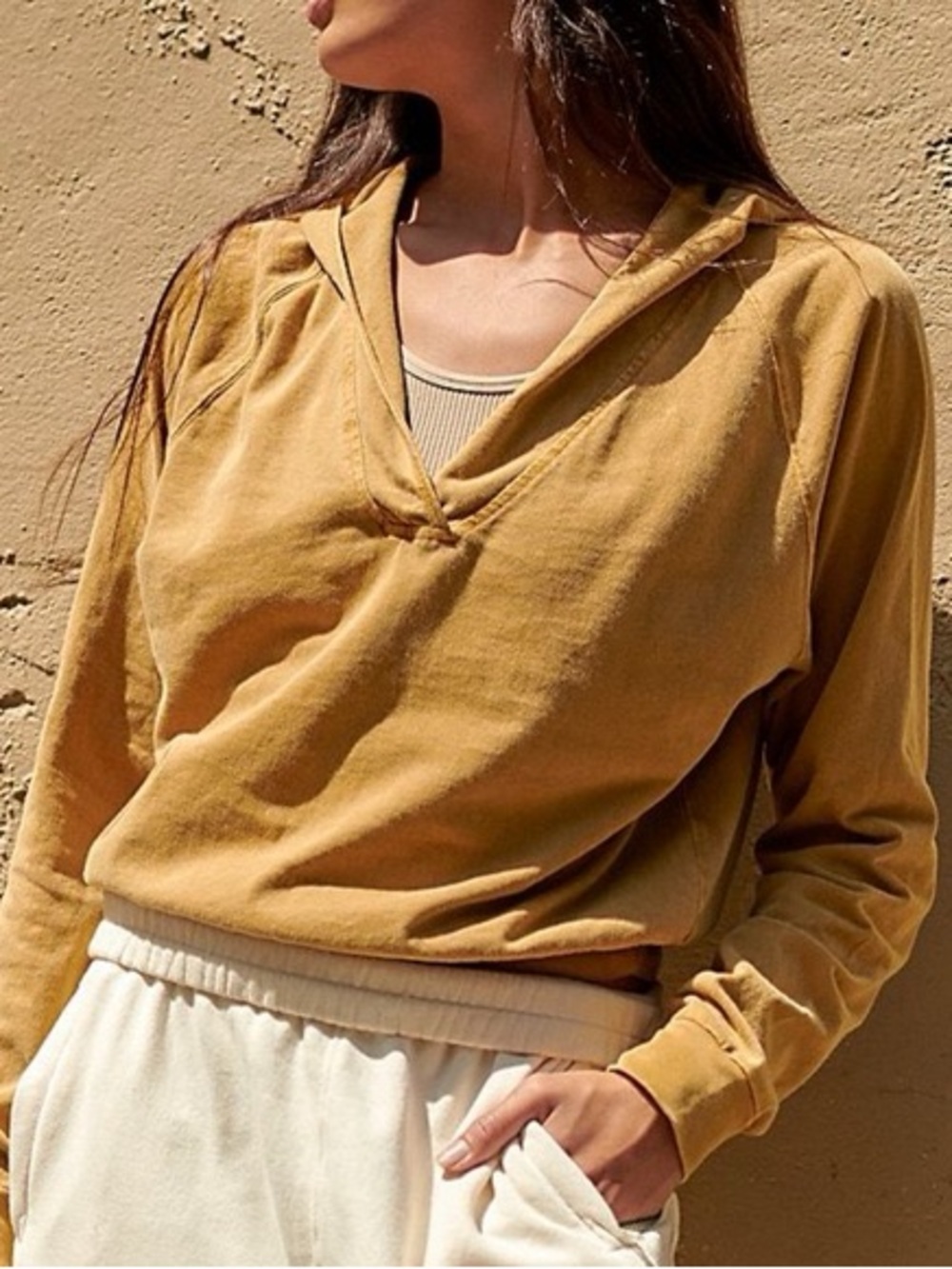Free People Movement Apres Ski Solid Hoodie Mustard Gold Cropped V-Neck Medium